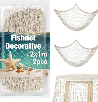 Sukh 2PCS Fish Net Decorative - Fish Net Decorations Decorative Netting Nautical Fishnet Table Runner Nets Netting Fishnet Ocean Party Rope Decoration